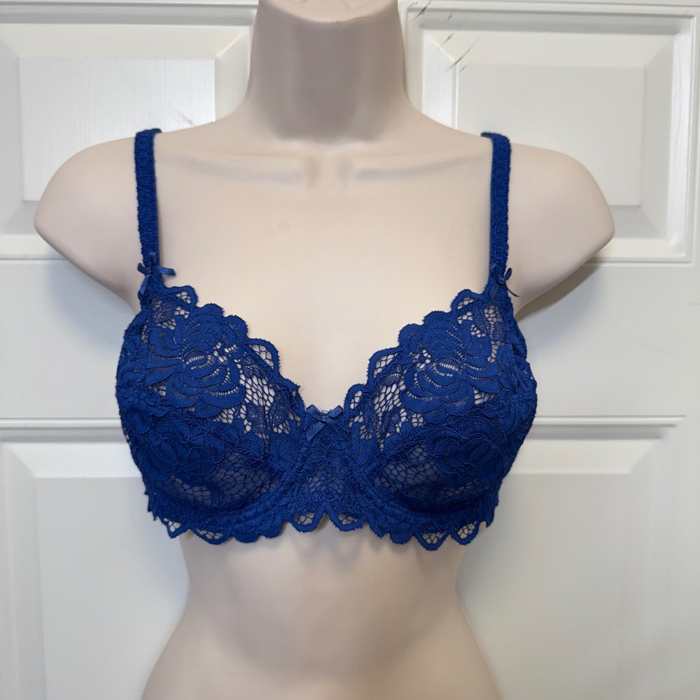 Adore Me Womens Bra 36C Royal Blue Floral Lace Underwire Sheer Romantic Coquette